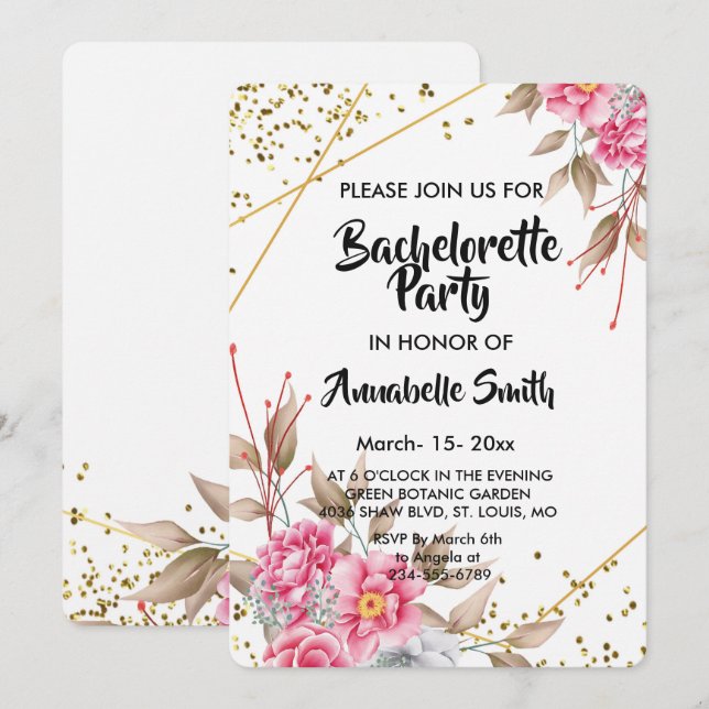 Invitation Cadre géométrique or rose floral (Devant / Derrière)