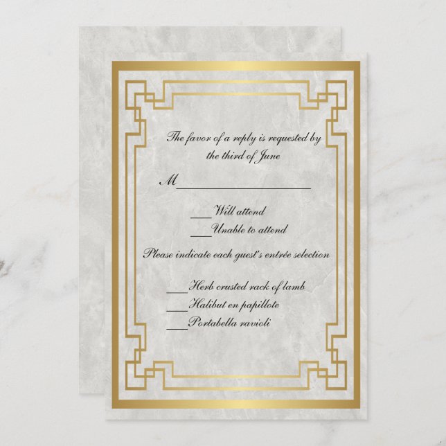 Invitation Cadre géométrique oré marble blanc Mariage RSVP (Devant / Derrière)