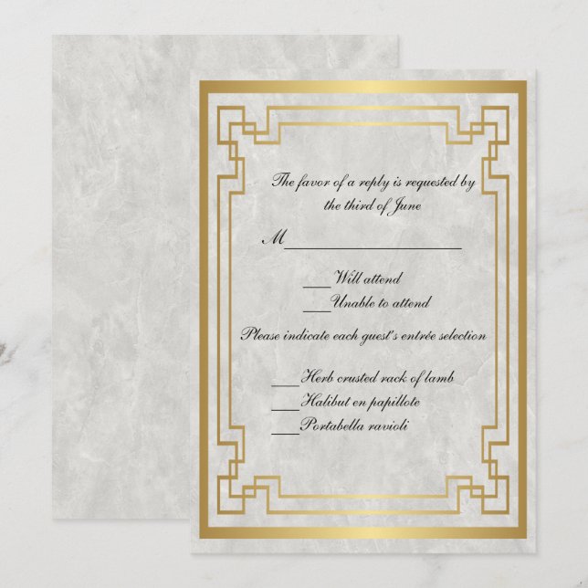 Invitation Cadre géométrique oré mariage RSVP marbre blanc (Devant / Derrière)