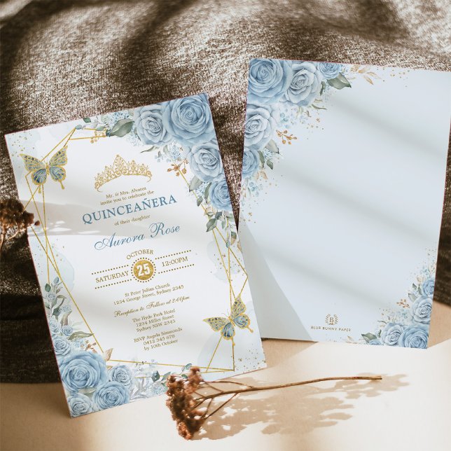Invitation Cadre géométrique Papillon bleu Quinceañera Gold (Créateur téléchargé)