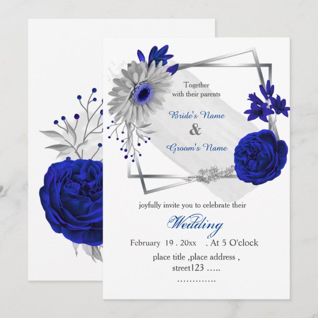 Invitation cadre géométrique royal bleu fleurs argent (Devant / Derrière)