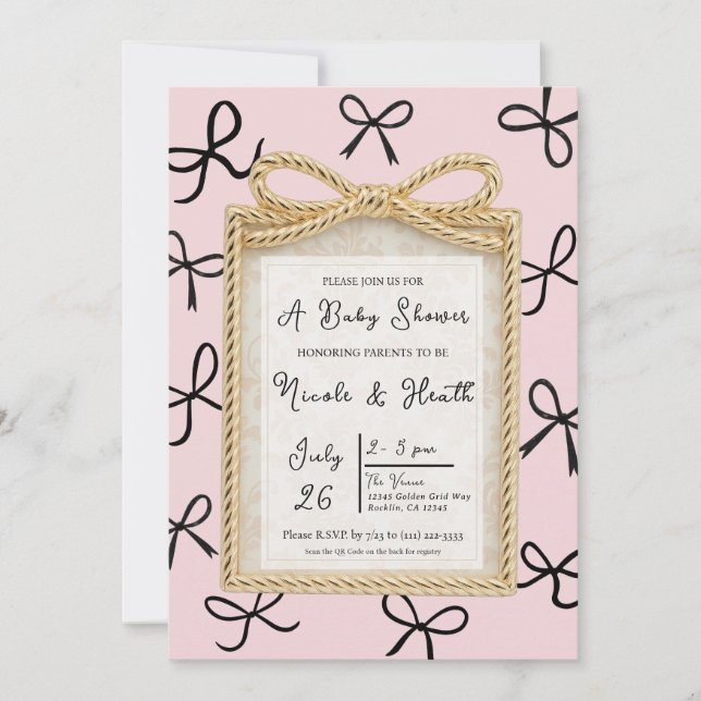 Invitation Cadre Gold Bow & Little Black Bows Baby shower (Devant)