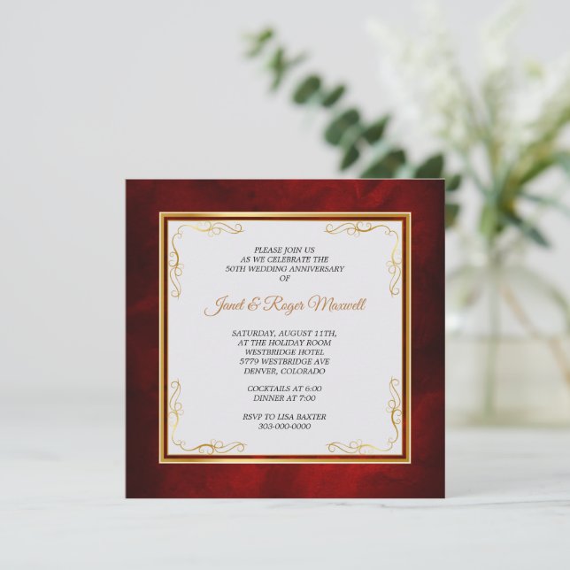 Invitation Cadre Gold Corner Rouge 50e anniversaire Mariage (Debout devant)