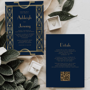 Invitation Cadre Gold Vintage Deco Bleu Marine Code QR Mariag