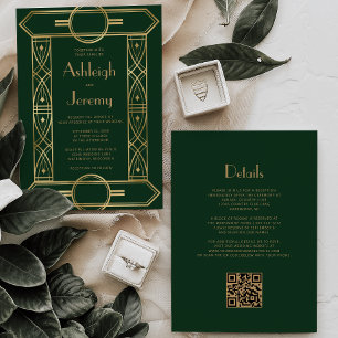 Invitation Cadre Gold Vintage Deco Vert Foncé Code QR Mariage
