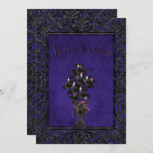 Invitation Cadre gothique bleu Rose noir et bougies sucré 16
