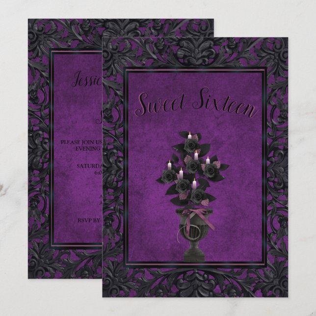 Invitation Cadre gothique violet Rose noir & bougies doux 16 (Devant / Derrière)