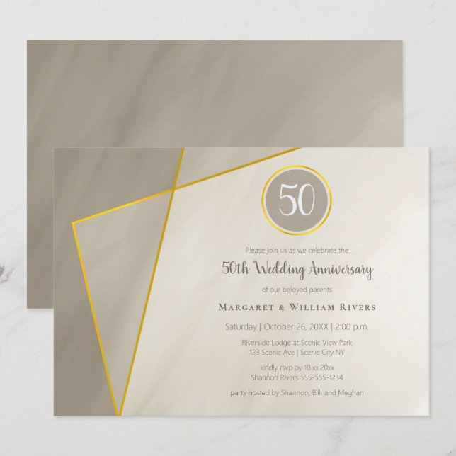 Invitation cadre gris or antique pour 50e anniversaire (Devant / Derrière)