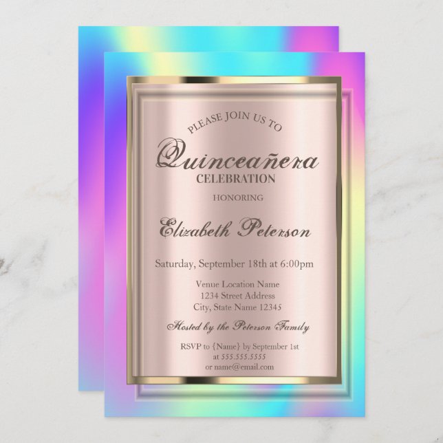 Invitation Cadre holographique couleur Ombre Quinceañera (Devant / Derrière)