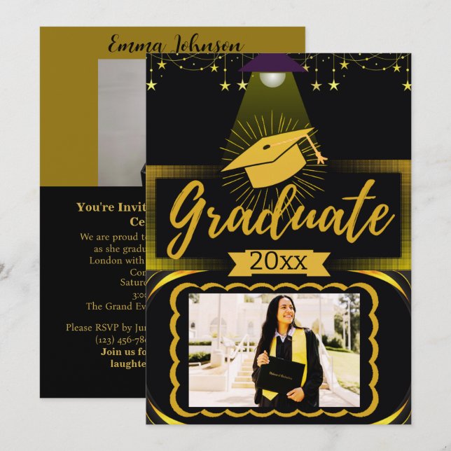 Invitation Cadre horizontal Gold & Black 2 - Diplôme photo (Devant / Derrière)