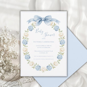 Invitation Cadre Hydrangea Bleue Élégant Baptême de Bébé 