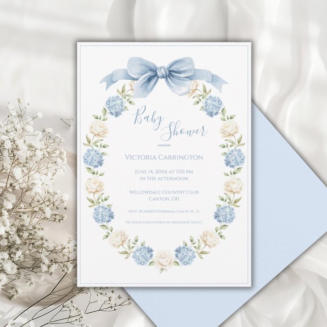 Invitation Cadre Hydrangea Bleue Élégant Baptême de Bébé  (Créateur téléchargé)