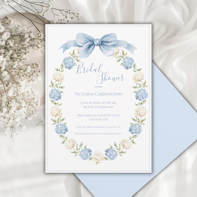 Invitation Cadre Hydrangea Bleue Élégant Ruban Mariage  (Créateur téléchargé)