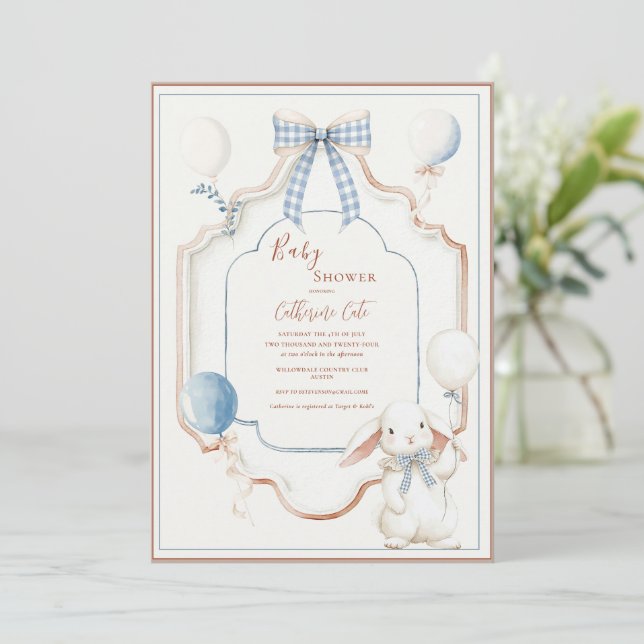 Invitation Cadre Lapin Vintage Bleu Ballons Bébé (Debout devant)