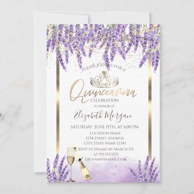 Invitation Cadre Lavande Vin Quinceanera (Devant)