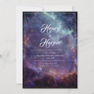Invitation Cadre Luxe Céleste Nébuleuse Violet Or Mariage