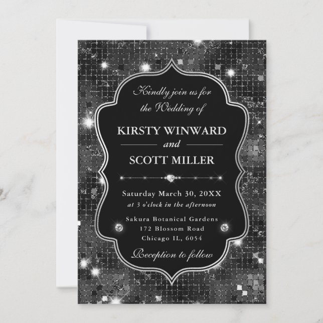 Invitation Cadre Luxe Rétro Paillettes Noir Mariage (Devant)