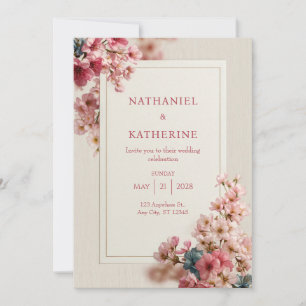 Invitation Cadre Mariage Bois Grain Romantique Rose Sakura