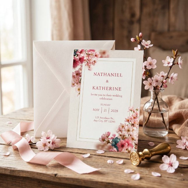 Invitation Cadre Mariage Bois Grain Romantique Rose Sakura (Créateur téléchargé)