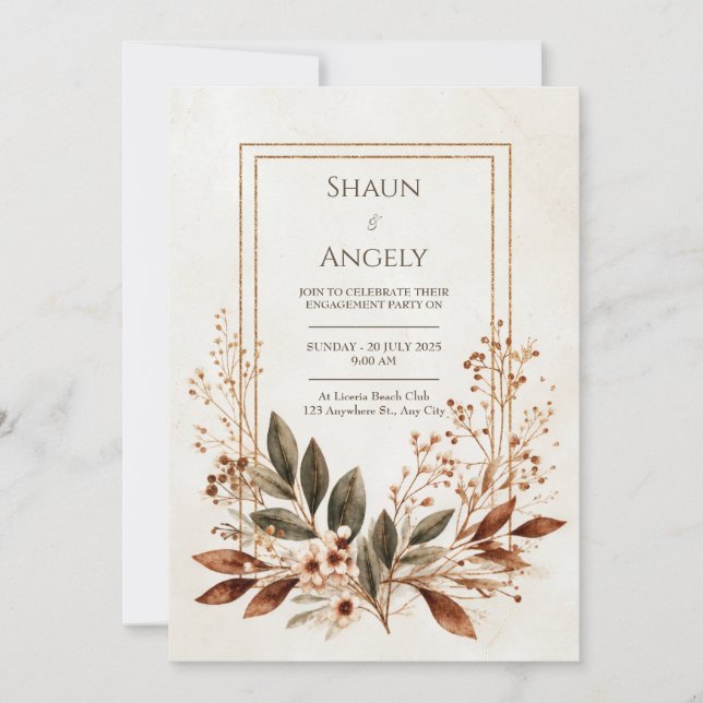 Invitation Cadre Mariage Bronze Feuille Terreux Or (Devant)