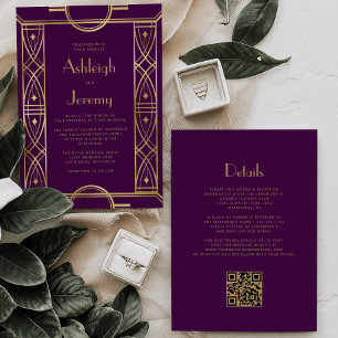 Invitation Cadre Mariage Code QR Violet Déco Vintage Or