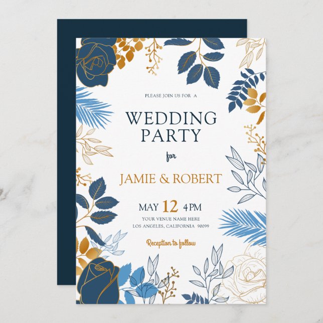 Invitation Cadre mariage de fleurs bleu et or (Devant / Derrière)