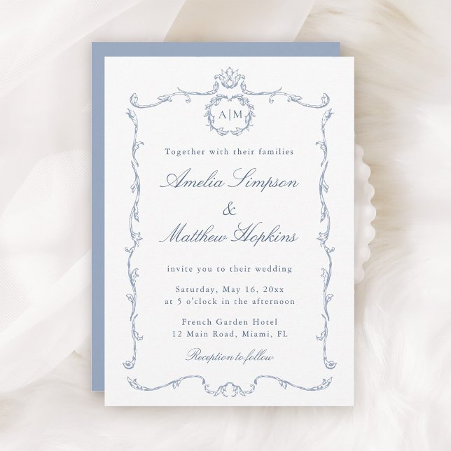 Invitation Cadre Mariage Moderne Classique Français Bleu Pous (Créateur téléchargé)