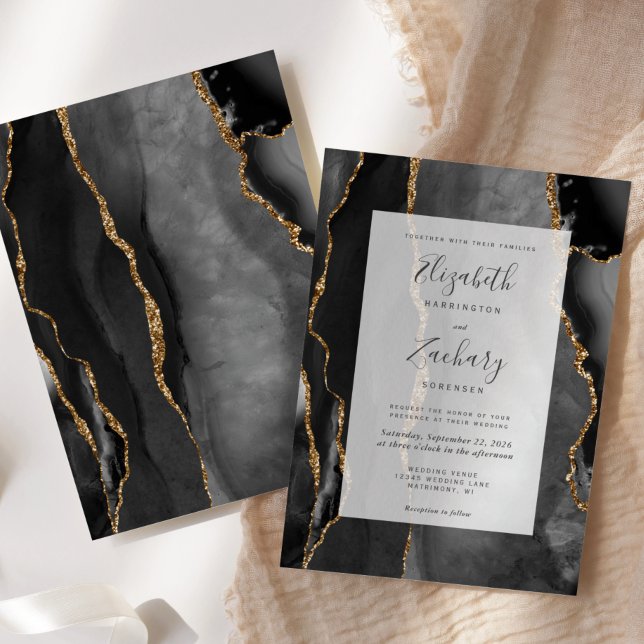 Invitation Cadre Moderne Agate Noir Mariage Or (Créateur téléchargé)