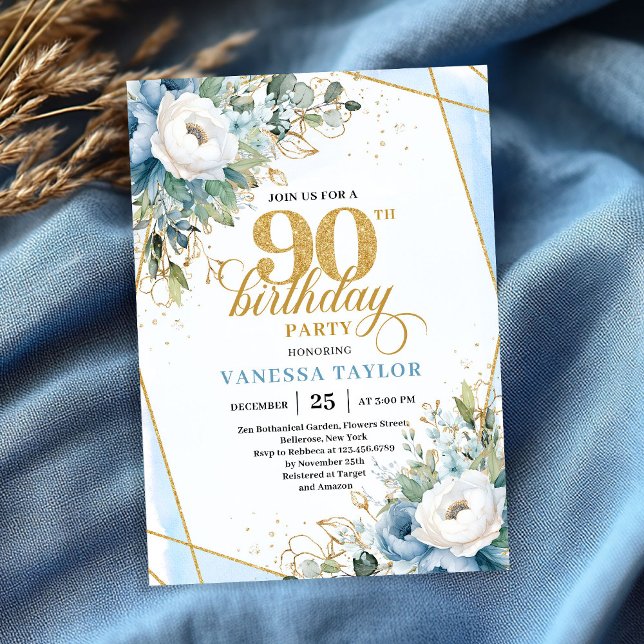 Invitation Cadre moderne de script or bleu poussiéreux pour 9 (Dusty blue gold script frame modern 90th birthday invite)