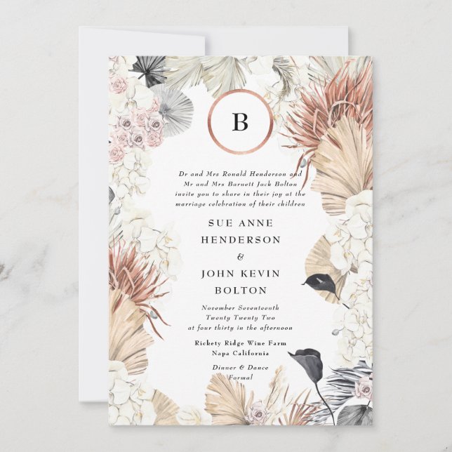 Invitation Cadre moderne Pampas | Monogramme d'huile d'or | B (Devant)