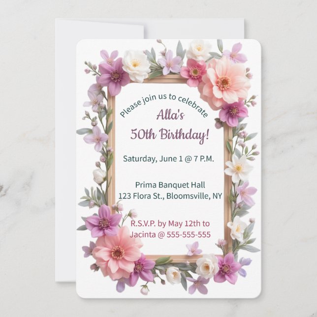 Invitation Cadre modifiable avec fleurs et feuilles pastel (Devant)