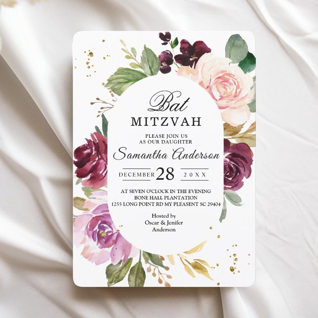 Invitation Cadre Moody & Rustic Bourgogne Watercolor Flowers (Créateur téléchargé)