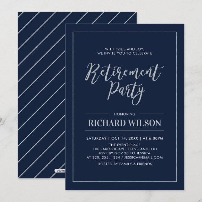 Invitation Cadre Navy & Argent | Fête de retraite moderne (Devant / Derrière)