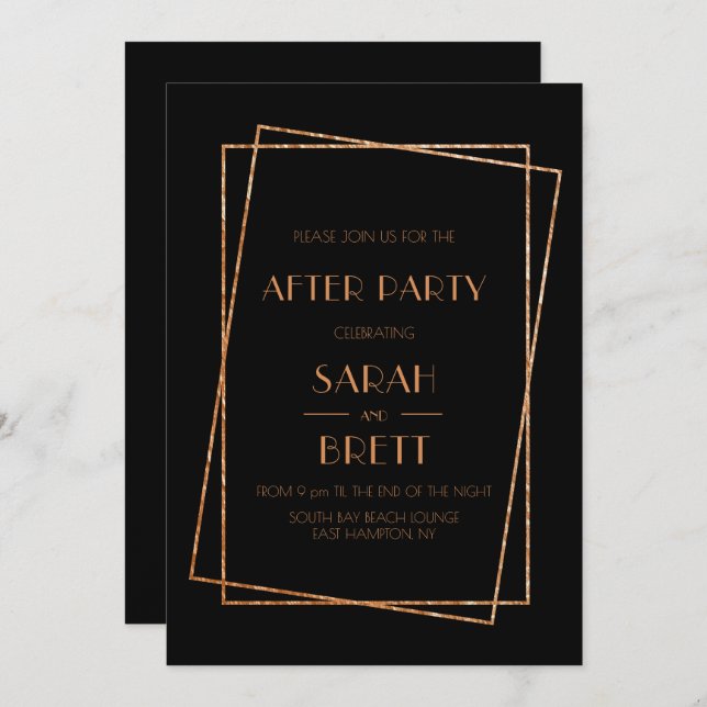 Invitation Cadre noir et or art déco mariage après fête (Devant / Derrière)