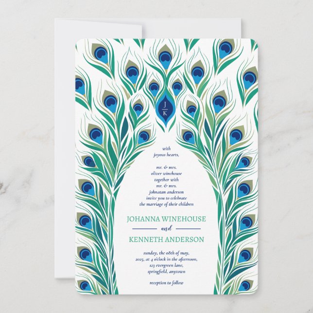 Invitation Cadre oculaire Peacock | Mariage de monogramme (Devant)