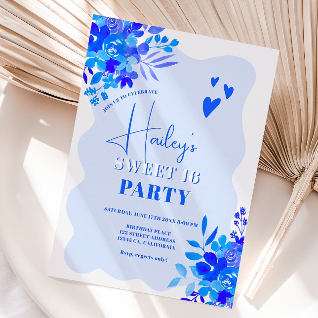 Invitation Cadre ondulé bleu chaud boho floral Sweet 16 (Créateur téléchargé)