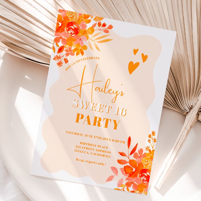 Invitation Cadre ondulé chaud orange boho floral Sweet 16 (Créateur téléchargé)