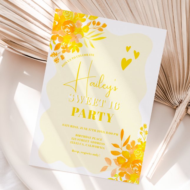 Invitation Cadre ondulé jaune chaud boho floral Sweet 16 (Créateur téléchargé)
