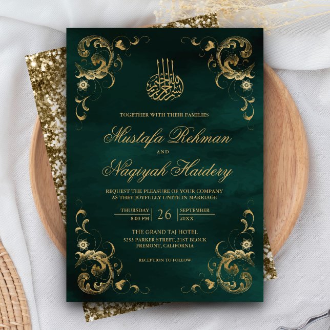Invitation Cadre Or Antique Vert Émeraude Mariage Islamique (Créateur téléchargé)