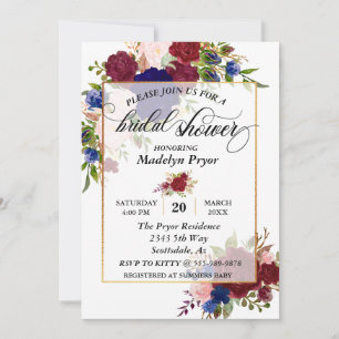 Invitation Cadre Or Bordeaux Marine Shower de Mariée Or