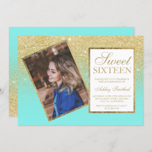 Invitation Cadre or chic turquoise ombre photo Sweet 16