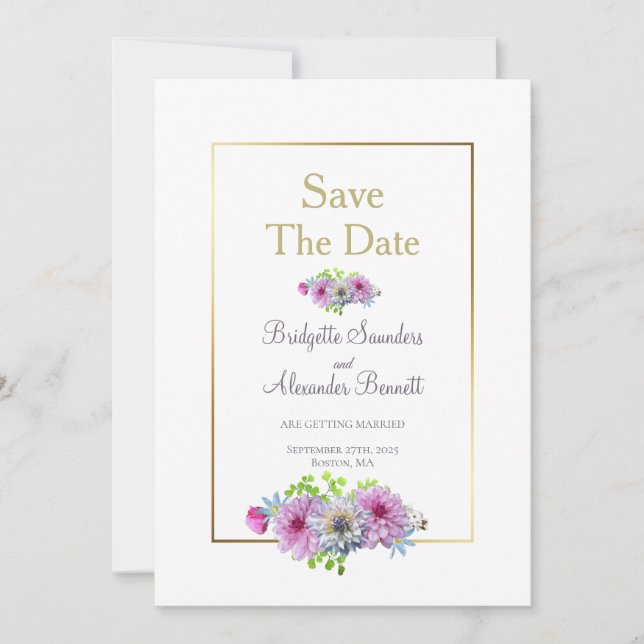 Invitation Cadre Or Dahlia Floral Wedding Enregistrer la date (Devant)