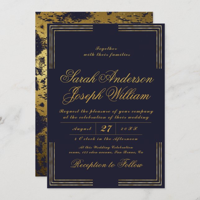Invitation Cadre Or de luxe et Mariage d'huile d'or (Devant / Derrière)