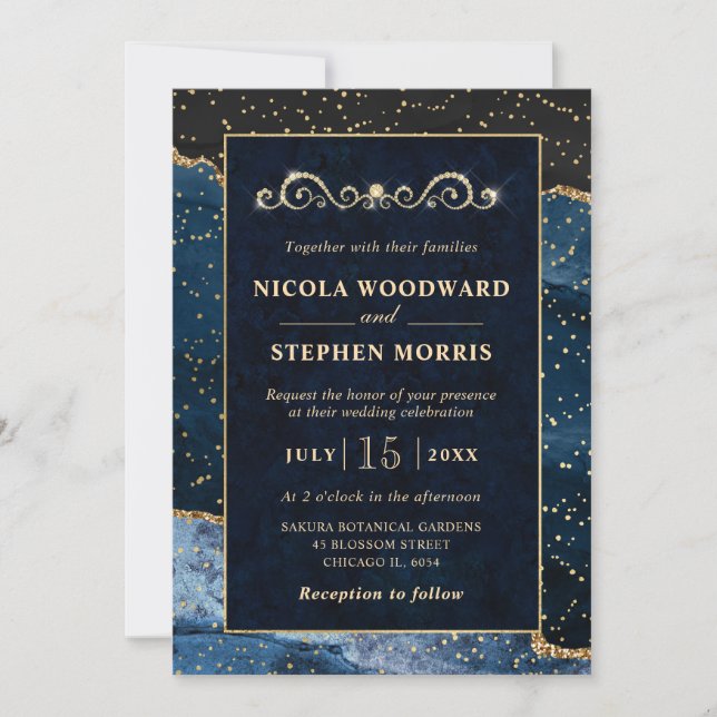 Invitation Cadre Or Élégant Agate Bleue Mariage (Devant)