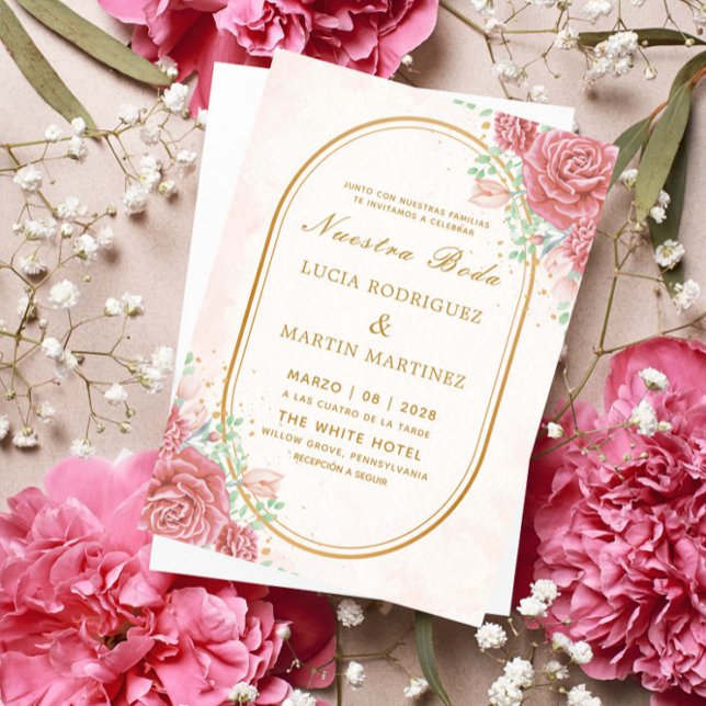 Invitation Cadre Or Fleurs Roses Élégant Nuestra Boda (Créateur téléchargé)
