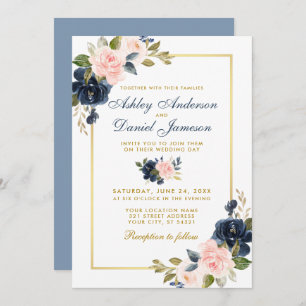 Invitation Cadre or Mariage bleu pâle rose rose