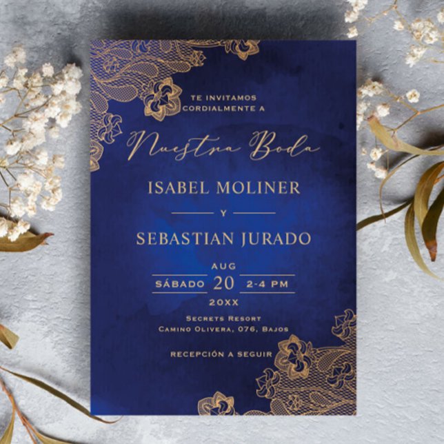 Invitation Cadre Or Ornat Bleu Nuestra Boda espagnol (Créateur téléchargé)