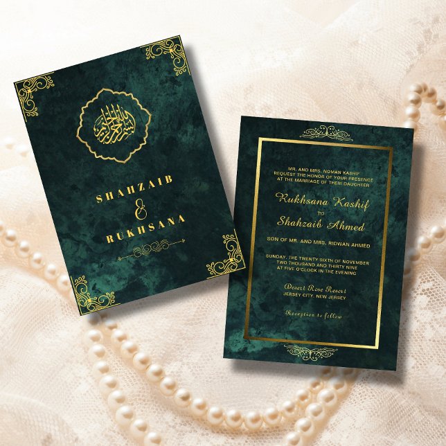 Invitation Cadre or Ornat & Emerald Green Mariage musulman (Créateur téléchargé)