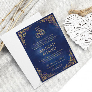 Invitation Cadre Or Ornate Bleu islamique Aqiqa Aqeeqa Baby