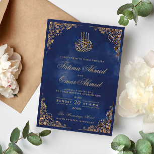 Invitation Cadre Or Ornate Bleu islamique Mariage musulman